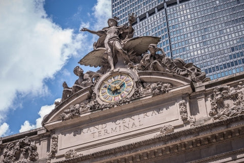 closeup shot of statue and clock on Grand Central Station Terminal exterior in Manhattan