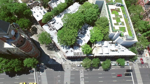 aerial view over Jefferson Market Library clock tower on 6th Ave in Greenwich Village on bright sunny day - summer in NYC