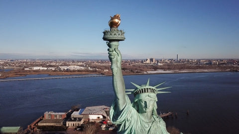 Statue of Liberty torch - close-up aerial in NYC