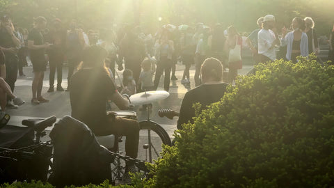 drummer playing drums in live band summer Washington Square Park New York City NYC