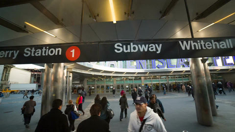 Staten Island Ferry sign, people commuting from Manhattan subway in 1080 HD NYC