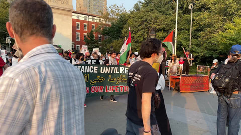 Free Palestine protest march demonstration with Palestinian flags New York City with audio in NYC