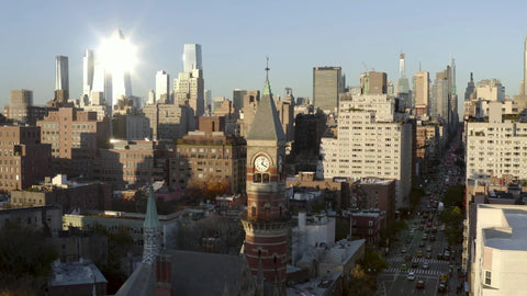 aerial moving toward clock tower at Jefferson Market Library Manhattan New York City NYC