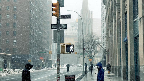 blizzard on 8th street with Grace Church in background snowing on Broadway snow in Manhattan New York City NYC