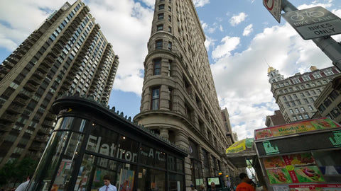 close-up of Flatiron Building - upward view of famous skyscraper