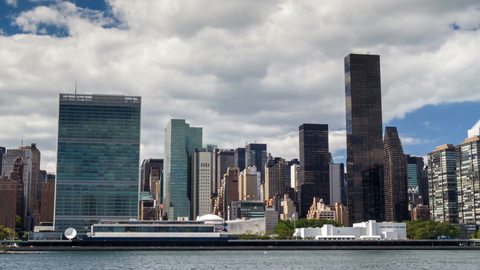 United Nations Building and skyscrapers in Manhattan skyline during day - 4K timelapse
