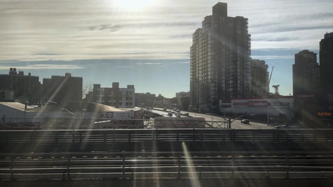 The South Bronx housing projects and Major Deegan Expressway from Metro North moving train in New York City NYC