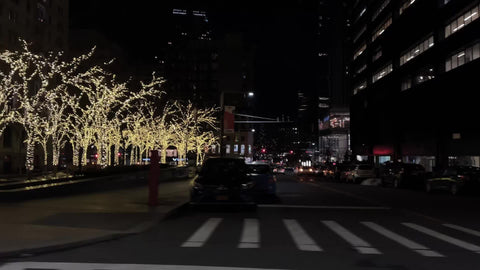 driving past Christmas lights on trees in winter Financial District Downtown Manhattan New York City NYC