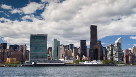 United Nations Building in skyline during day - 4K timelapse of Manhattan