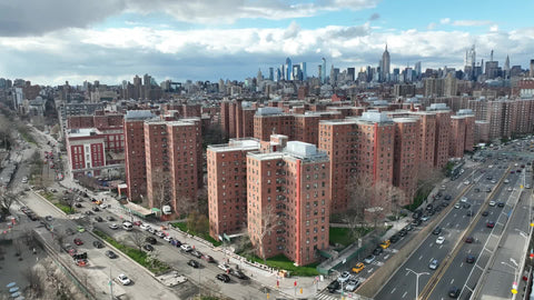 LES Lower East Side public housing projects Manhattan skyline in NYC