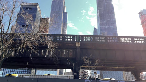 High Line at Hudson Yards skyscrapers driving past on West Side Highway Manhattan New York City NYC