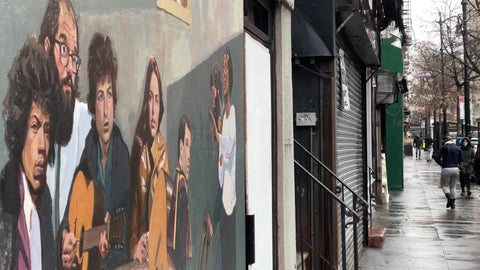 mural with Jimi Hendrix on rainy cold winter day in Manhattan New York City NYC