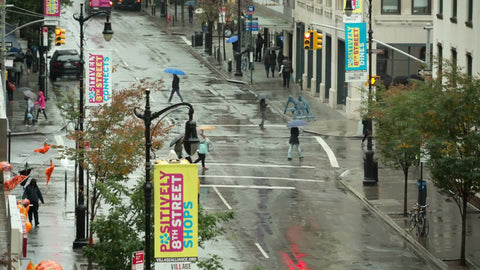 people walking with umbrellas on rainy day - raining on 8th street NYC