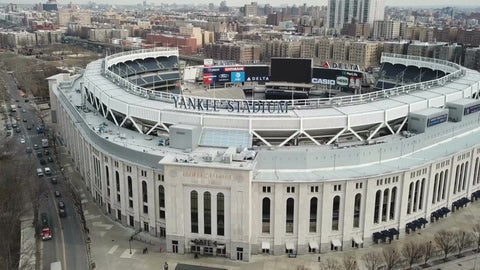 Yankee Stadium aerial flying across Yankees sign in The Bronx New York City NYC 1080 HD
