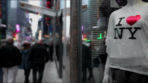 I Love NY t-shirt in store window - tee shirt with I heart New York on busy midtown street