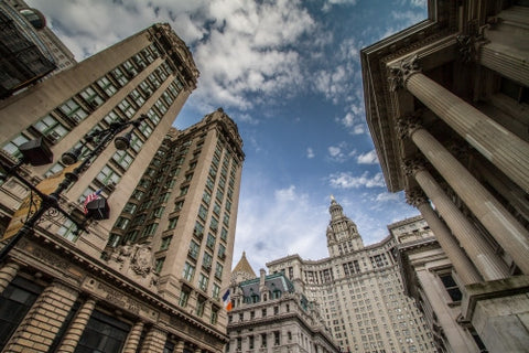 Manhattan Municipal Building in Downtown NYC - civic courthouse with blue sky and clouds on spring day