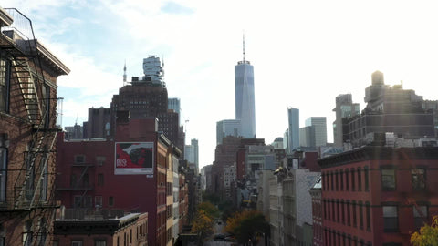 aerial backing up from Freedom Tower fall treelined street Manhattan New York City NYC