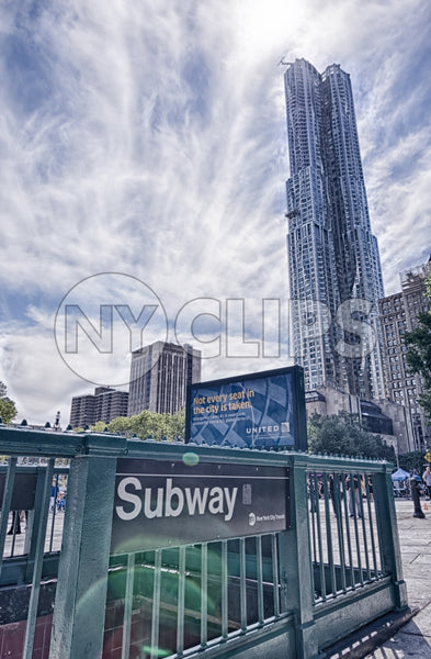8 Spruce Street and subway station entrance in Manhattan NYC