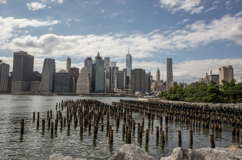Manhattan skyline buildings with wood dowels on water