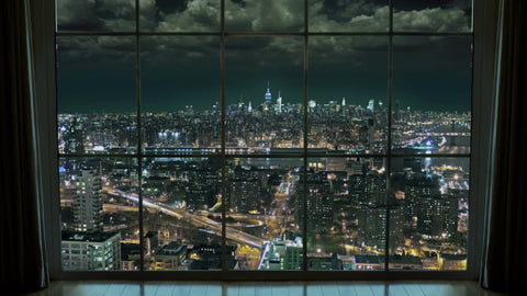 high window view of Manhattan Island from Brooklyn at night timelapse NYC