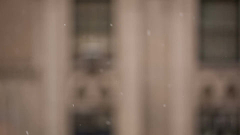 snowing in front of building windows winter in NYC