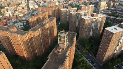 aerial of housing projects in Harlem - red brick buildings in Uptown Manhattan