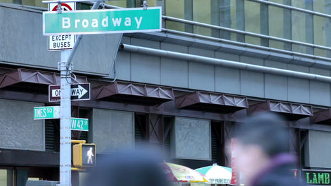 Broadway sign on busy winter day on corner of Times Square and 42nd street