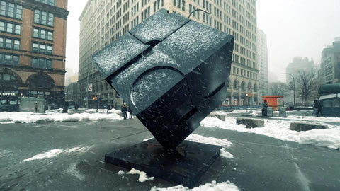 cube sculpture on Astor Place in Cooper Square Greenwich Village blizzard cold snow storm snowing Manhattan New York City NYC
