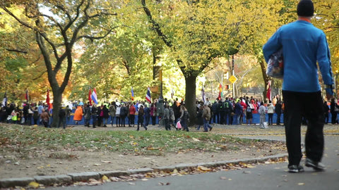 far shot of people watching Marathon runners in Central Park Manhattan in spring with changing leaves - beautiful scene 1080 HD in NYC