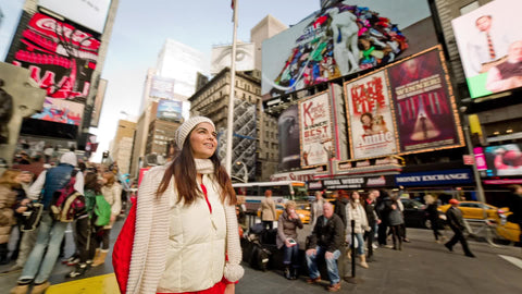 tourist in Times Square on Christmas day in New York City NYC