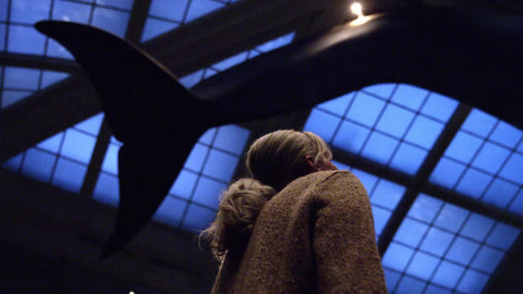 woman looking up at great blue whale in Natural History Museum on ceiling in 1080 HD and 4K in NYC