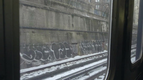 window view graffiti on subway - riding B train in winter snow 1080 HD NYC