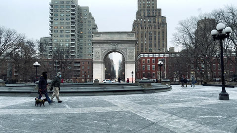 couples walking in Washington Square Park snowing arch cold winter NYC