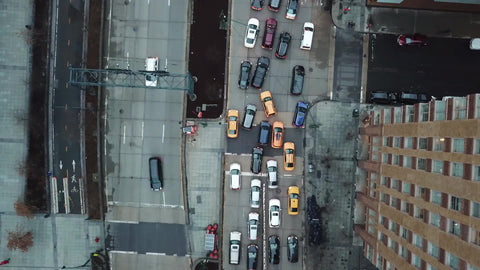 Traffic from above aerial of cars driving in congested lane New York City NYC in 4K and 1080 HD