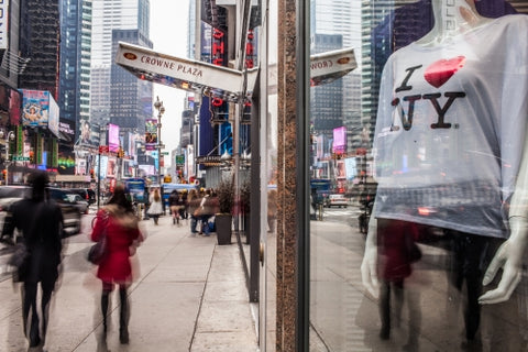 I Love New York t-shirt on mannequin in window display in Midtown Manhattan on busy street in winter or fall New York City NYC