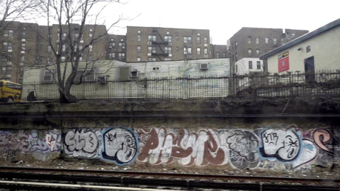 moving subway view of graffiti on urban walls in poverty stricken neighborhood in Brooklyn 1080 HD NYC