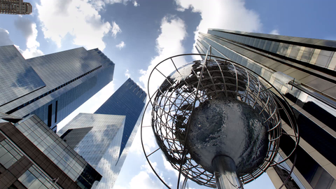 Columbus Circle steel globe statue - timelapse from day to night in, Manhattan 4K and 1080 HD NYC