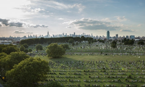 Calvary Cemetery in Queens with Manhattan skyline in background - tombstones in NYC