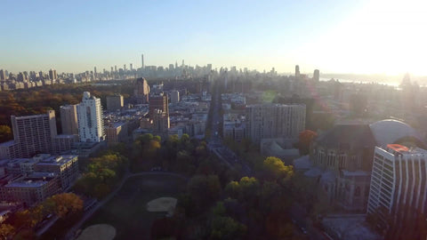 aerial of trees in Uptown Manhattan moving toward Manhattan skyline in far distance in NYC on bright sunny day before sunset in late afternoon