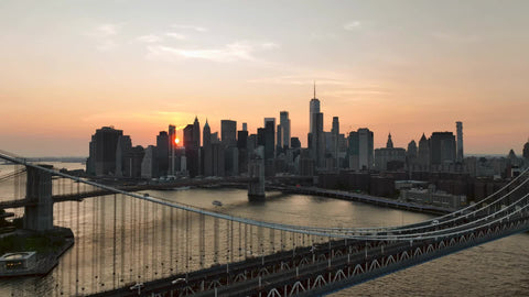 aerial sunset on skyline over Manhattan Bridge New York City NYC