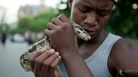 close up of kid with Boa constrictor snake flicking tongue on summer day in Washington Square Park in NYC
