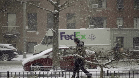 FedEx truck parked on street in winter blizzard snowing in NYC