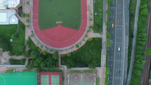 aerial of soccer field by West Side Highway in Manhattan NYC