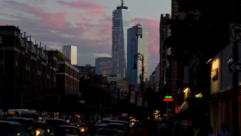 Freedom Tower at dusk early evening 6th Avenue - pink sunset sky Manhattan NYC