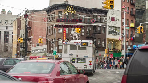 welcome to Chinatown sign on Chinese new year on busy intersection in winter