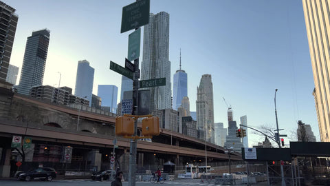 Pearl Street Lower East Side Manhattan Civic Center sign in LES Freedom Tower skyscrapers New York City NYC