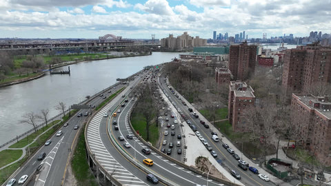 aerial cars driving in traffic East Harlem River Drive FDR in NYC