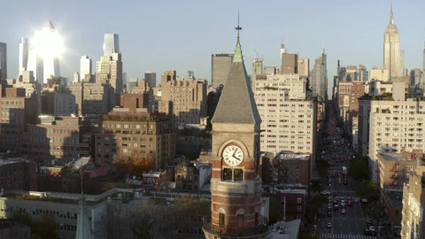 aerial circling Jefferson Market Library clock tower Manhattan New York City NYC
