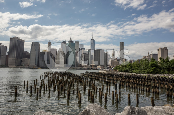 Manhattan skyline buildings with wood dowels on water