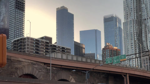 packaged ice truck Brooklyn Bridge FDR Drive sign Freedom Tower Pace University building Lower East Side Manhattan New York City NYC